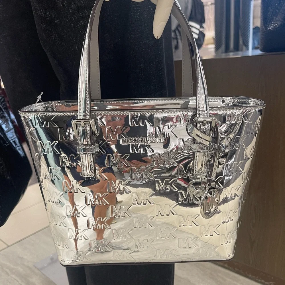 MICHAEL KORS Jet Set Extra-Small Patent Logo Debossed Convertible TZ Tote Silver